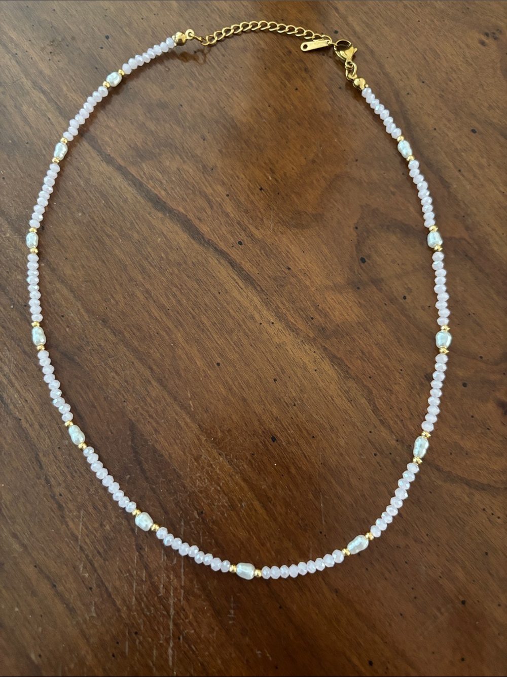Elegant light pink & White Beaded Necklace with Gold Accents